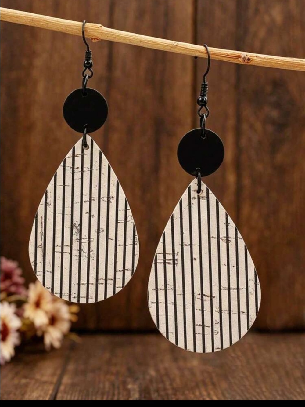 Black and White Striped Teardrop Dangle Earrings